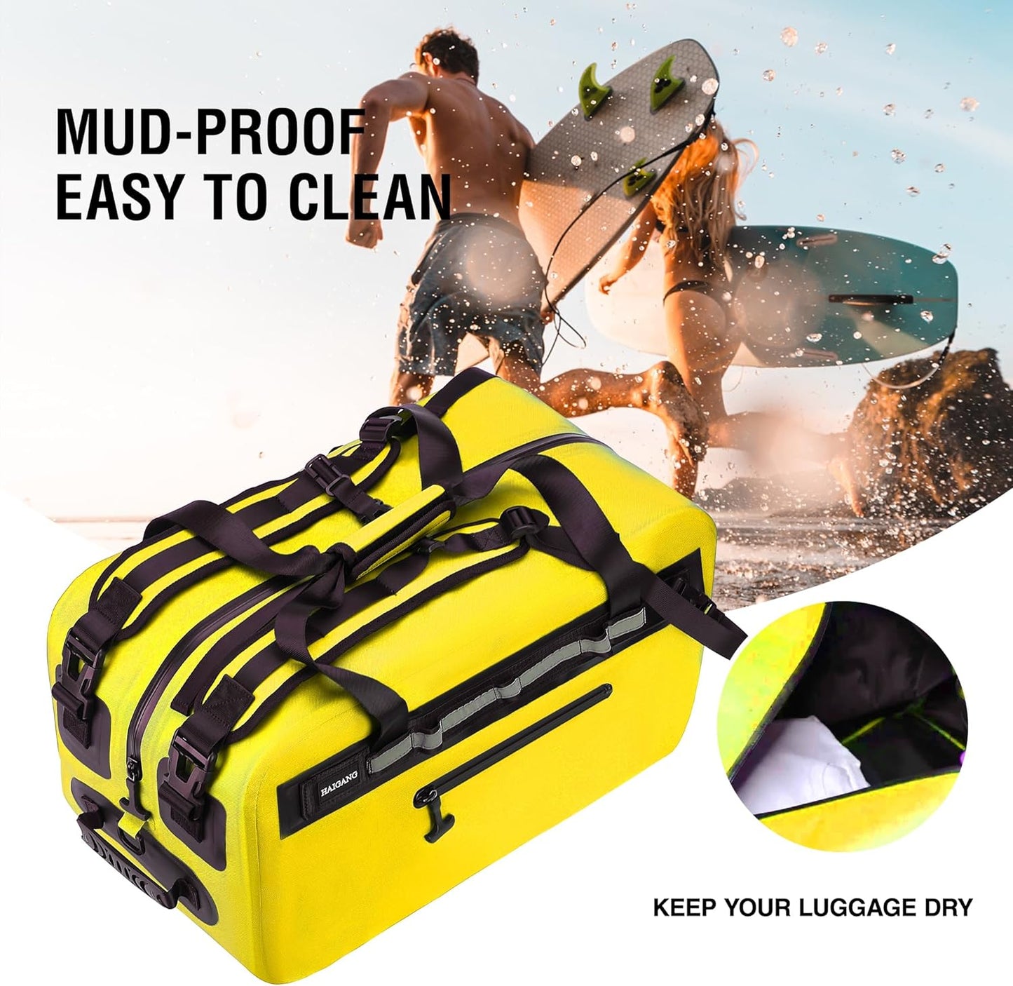 50L Waterproof Dry Duffle Bag Dry Backpack 840D TPU Heavy Duty Dry Bag,Rubber Airtight Zipper, for Kayaking,Boating,Motorcycling,Camping,Rafting,Surfing, Swimming,Fishing,Yellow