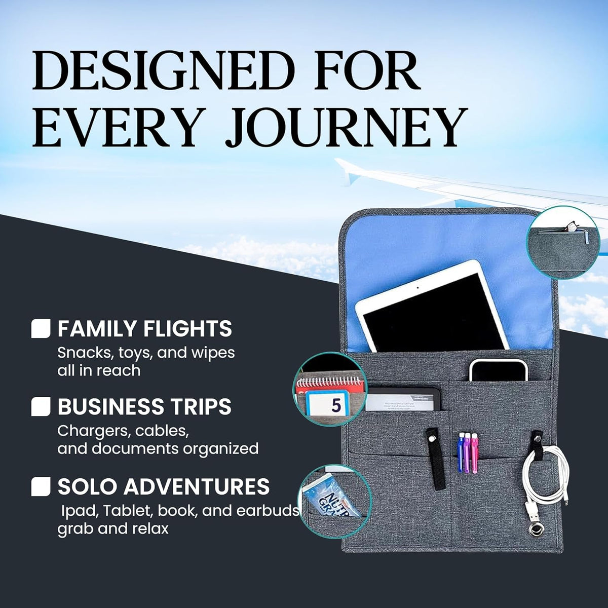 SO~MINE Airplane Pocket Organizer | Tray Table Cover | In Flight Seat Back Organizer Bag | Commuter Essential Travel Bag | Media Pouch For Flying | Travel Gift | Attaches To Luggage