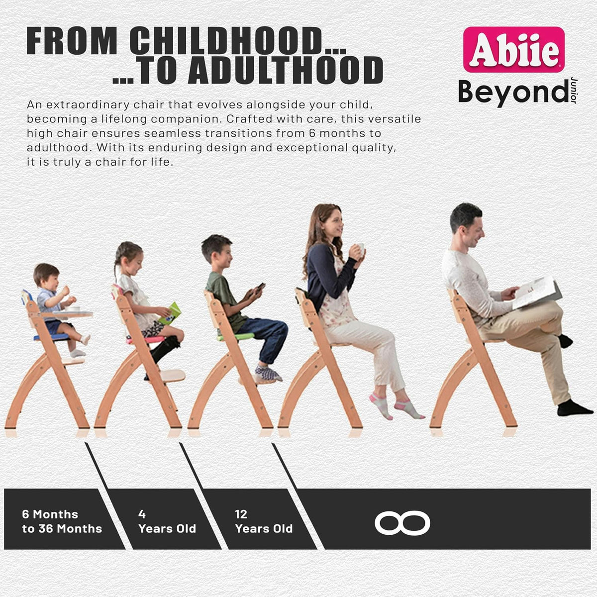 Abiie Beyond Junior Wooden High Chair with Tray - Adjustable and Convertible High Chair for Babies and Toddlers - 6 Months to 250 Lb - Water Resistant - Mahogany Wood/White Cushion
