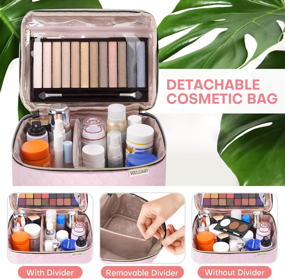 Large Makeup Bag with Mirror Double Layer Travel Make Up Organizer Case, Large Capacity Coemetic with Brush Slot Divider, Travel Toiletry Bag for Women (Pink)