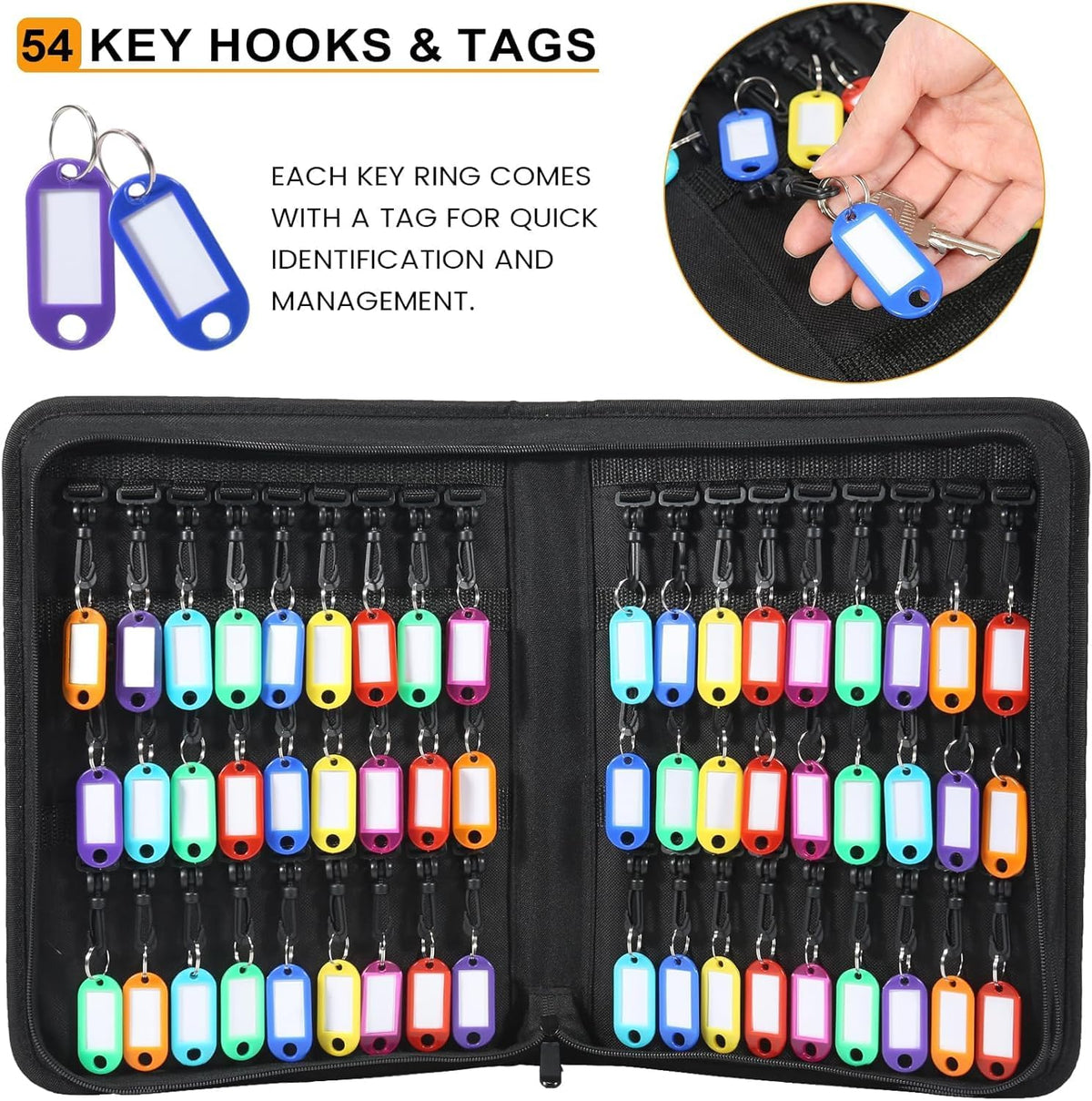 Portable Zippered Key Organizer, Waterproof Fireproof Key Case with 54 Key Hooks and Tags,Portable Key Storage for Rental Management Real Estate Sales Hotel Executives and Car Service(54 Keys)