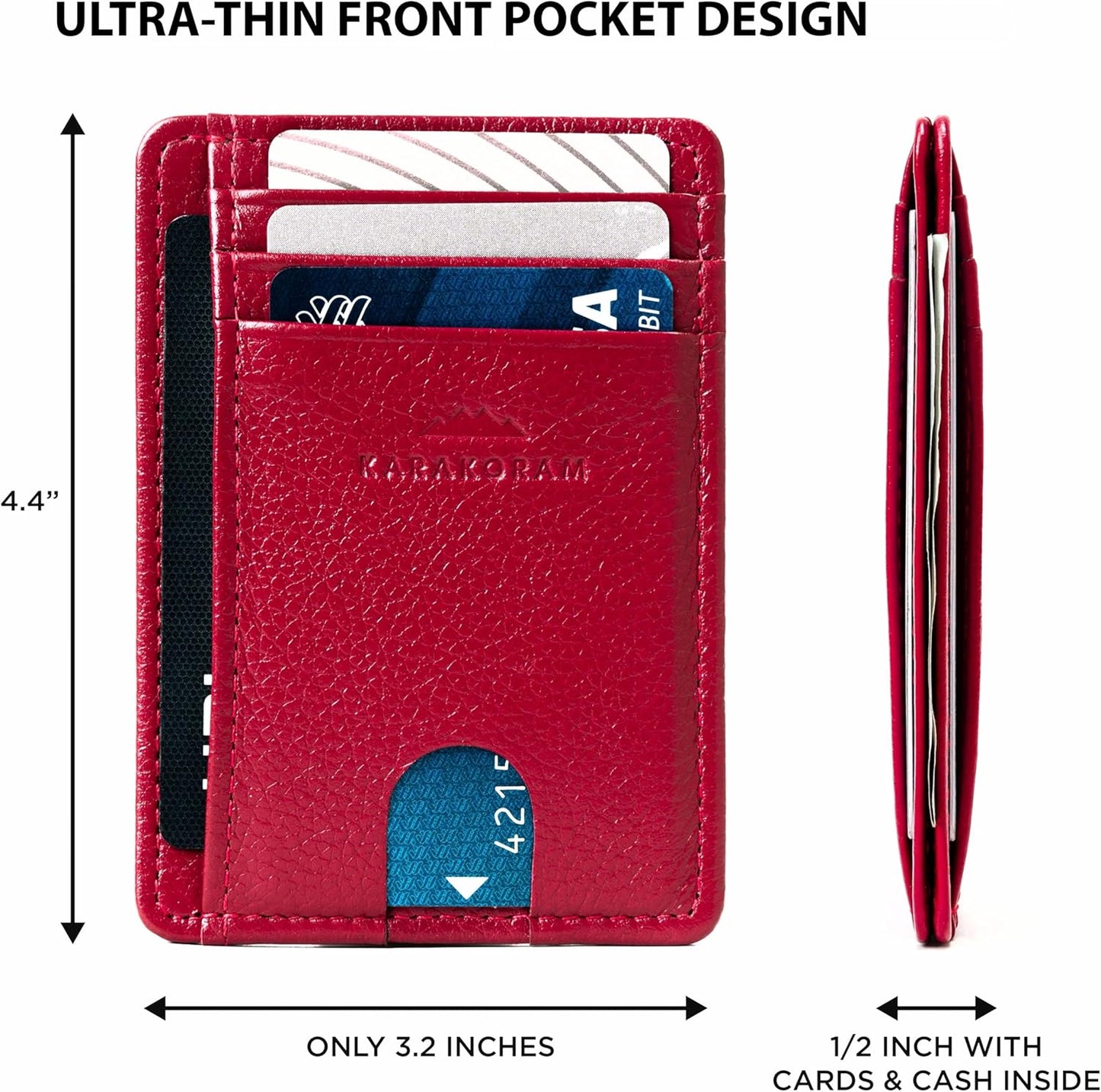 KARAKORAM Vertical Handcrafted Premium Leather Front Pocket Credit Card Holder with RIFD Protection | Artisan Made Slim Leather Wallet | Finger Glide Slots for Cards and ID (Summit Sunset Red)