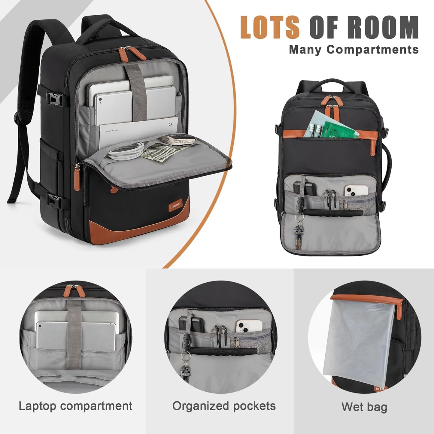 40L Travel Backpack with USB Charging Port, Water-Resistant Carry On Backpack for Men Women, Business Laptop Backpack for Trips & Commutes, Fits 15.6/17.3 Inch Laptop