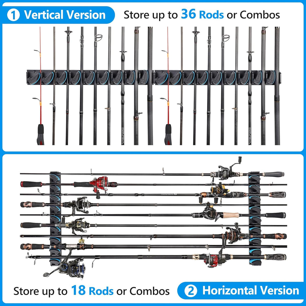 PLUSINNO 4 Pack Vertical Fishing Rod Rack, Wall Mounted Fishing Rod holder, 4 Packs Fishing Pole Holders Hold Up to 36 Rods or Combos, Fishing rod holders for garage, Fits Most Rods of Diameter 3-19mm