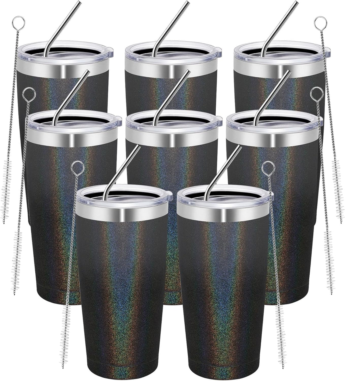 MEWAY 20oz Tumbler 8 Pack Double Wall Vacuum Insulated Travel Glitter Mug Bulk, Stainless Steel Tumblers with Lid and Straw, Powder Coated Coffee Cups for Woman(Gradient Black or Navy,Set of 8)