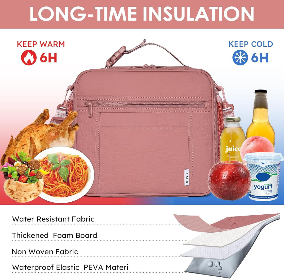 NOL Kids Lunch Bag for School, Reusable Insulated Lunch Box & Children's Tote Bag with Zipper Closure, Buckle Handle, Adjustable Long Shoulder Strap, Easy-Clean Waterproof Fabric Lunchbox - Dark Pink
