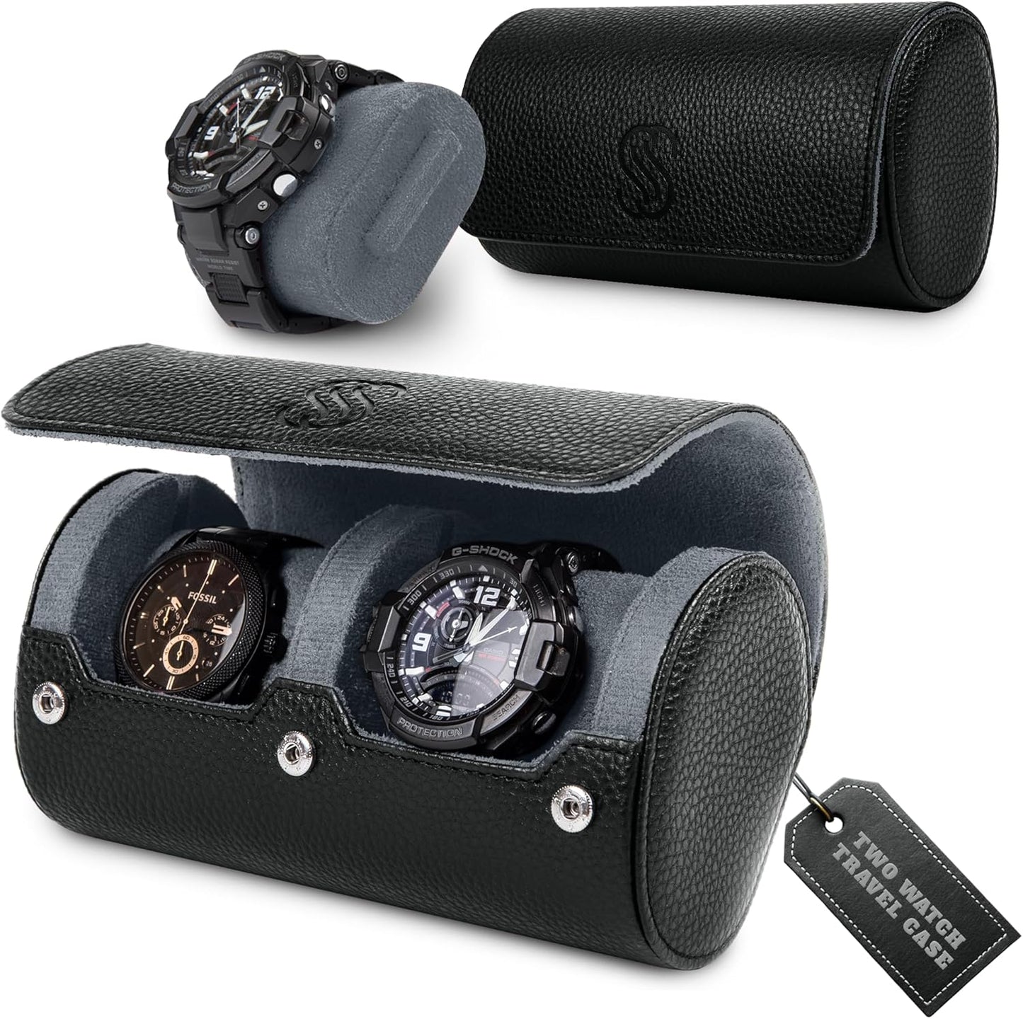 2 Watch Travel Case for Men – Sleek Faux Leather Organizer for Smart & Luxury Timepieces - Portable Travel Watch Storage Box - Ideal Gift for Men with Premium Gift box (Black & Grey)