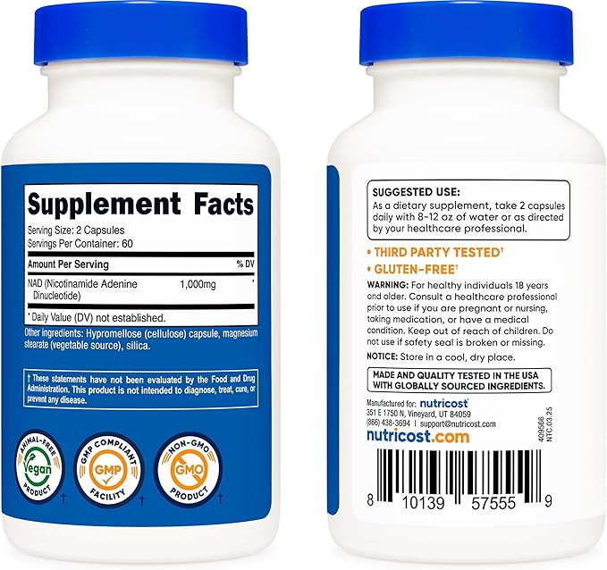 Nutricost NAD+ Supplement 1,000mg per Serving,120 Capsules (Nicotinamide Adenine Dinucleotide) - 60 Servings, Gluten-Free, Vegan