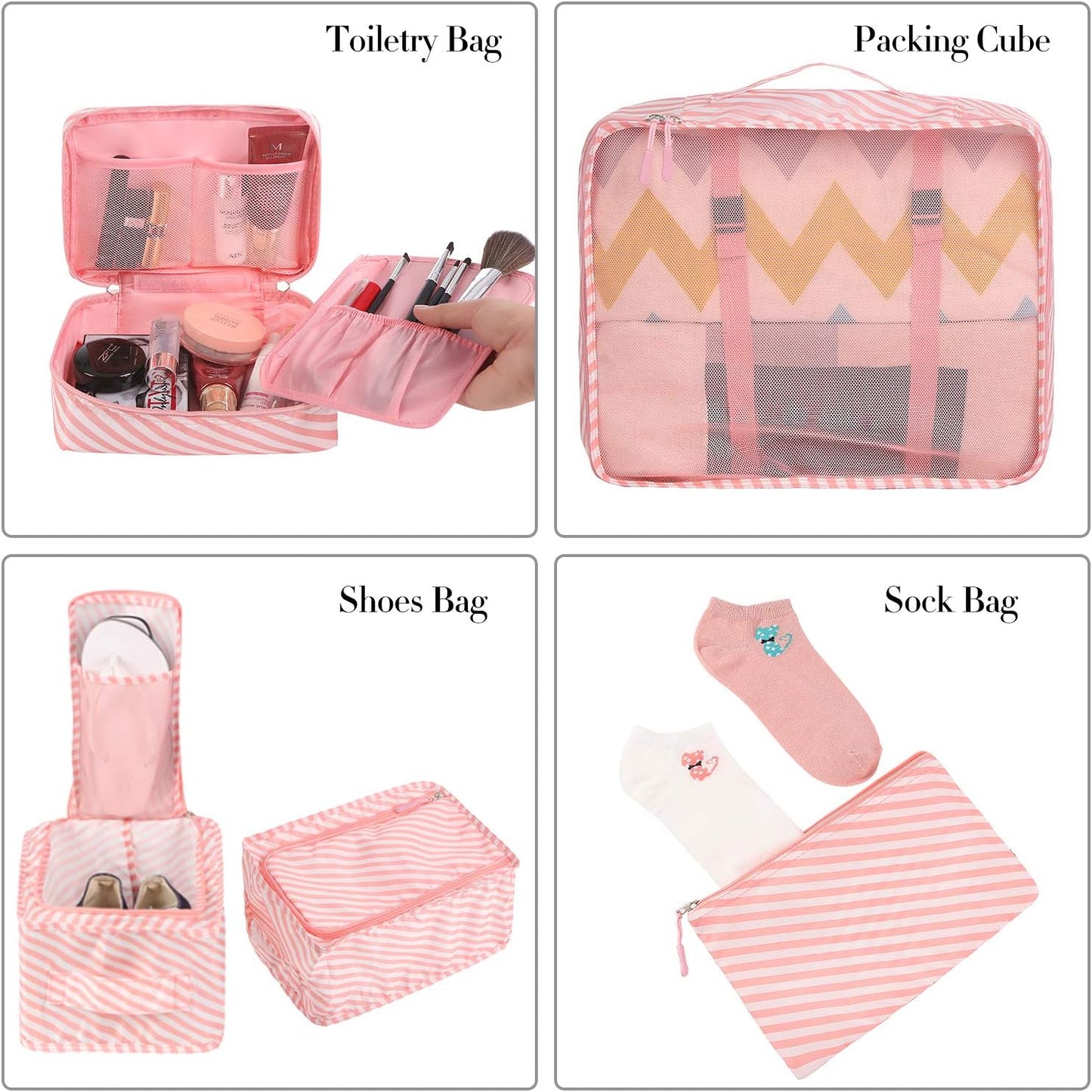 BAGAIL 8 Set Packing Cubes Luggage Packing Organizers for Travel Accessories-White and Pink Stripe