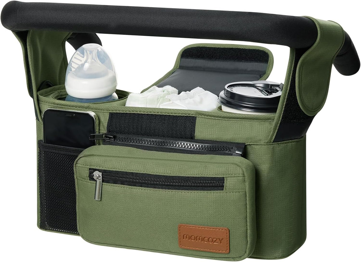 Momcozy Universal Baby Stroller Organizer, 2 Insulated Cup Holder, Detachable Zippered Pocket, Adjustable Shoulder Strap, Large capacity for baby essentials, Compact Design Fits Any Strollers