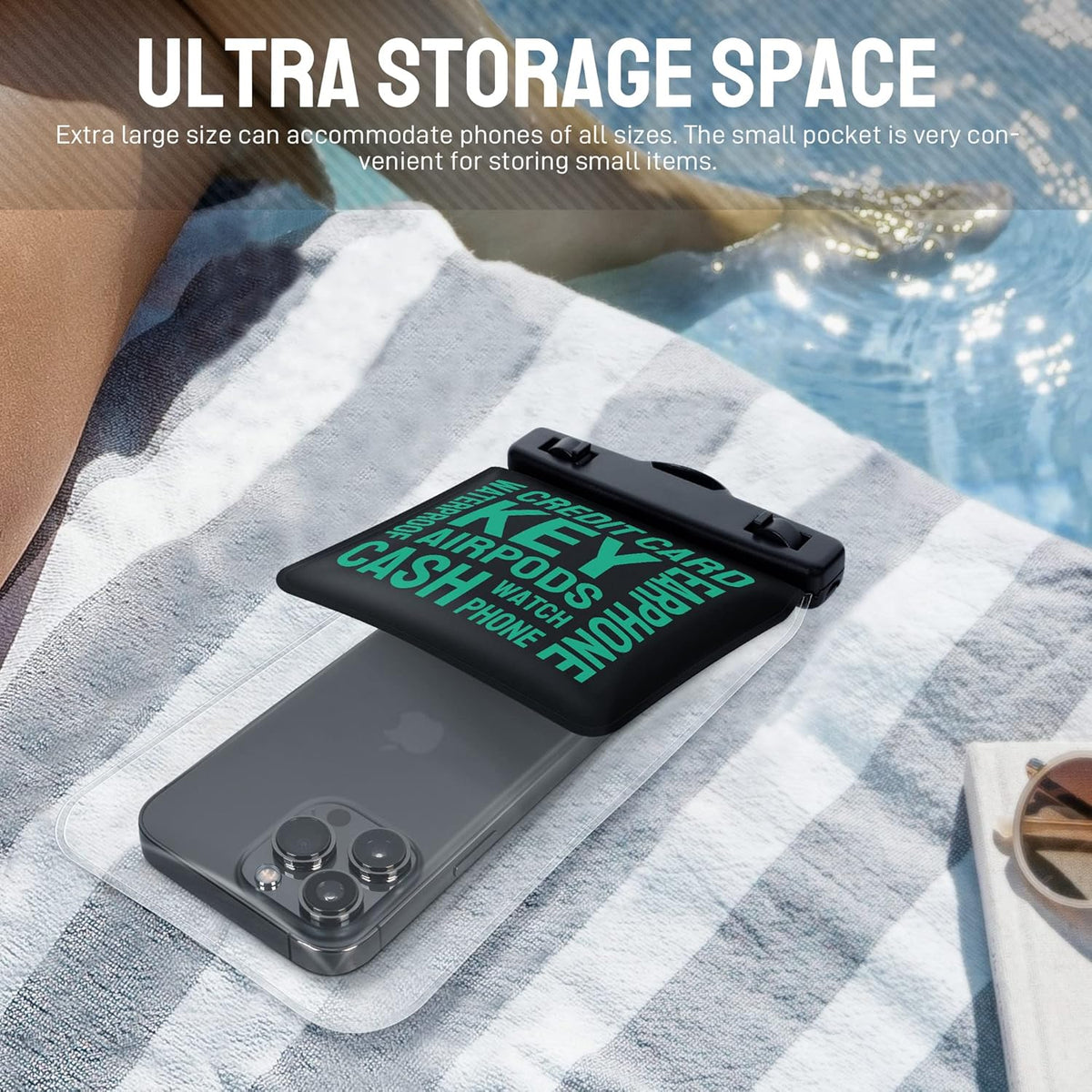 Universal Waterproof Phone Pouch [Double Space] IPX8 Dry Bag with Lanyard for iPhone 16 15 14 13 12 Pro Max XS XR X Galaxy S25 S24 S23 Ultra, Fit All Phones Up to 8'', Black/Green
