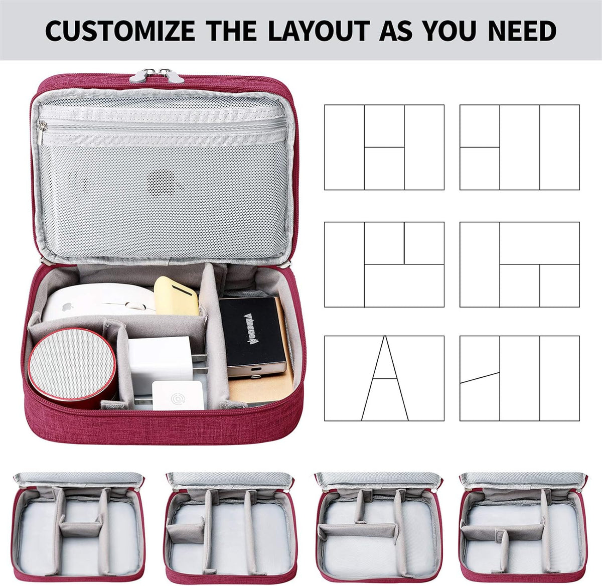 mygreen Travel Cable Organizer Bag, Two-Layer Electronics Accessories Organizer Bag for Cables, Chargers, Power Bank, Mouse,iPad, Phone, Kindle, SD Card, Wires, Cords, and Accessories Red