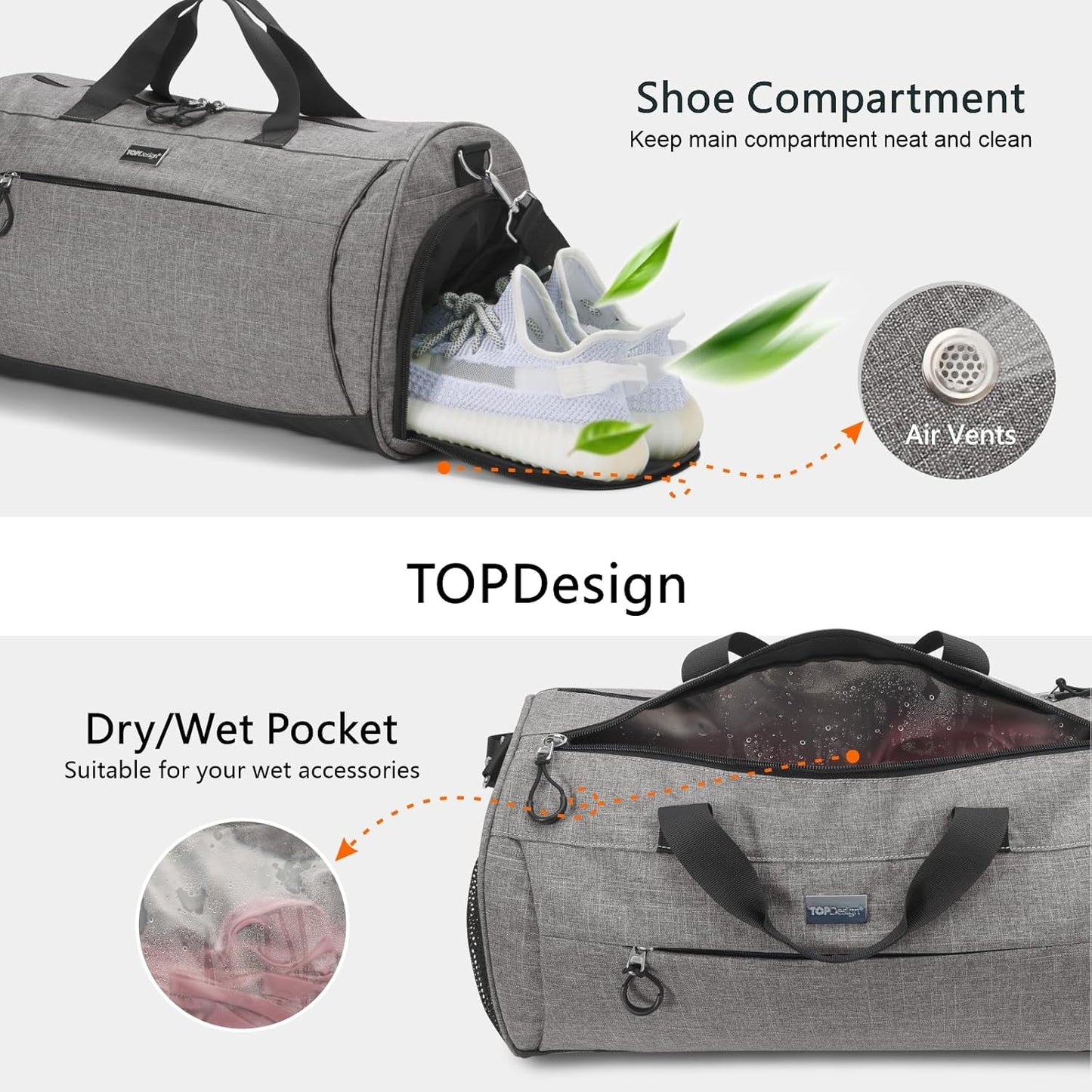 TOPDesign Gym Bag for Women & Men, Unisex Duffel Bag with Shoe Compartment & Wet Pocket for Travel Sports Gym (M Textured Grey)