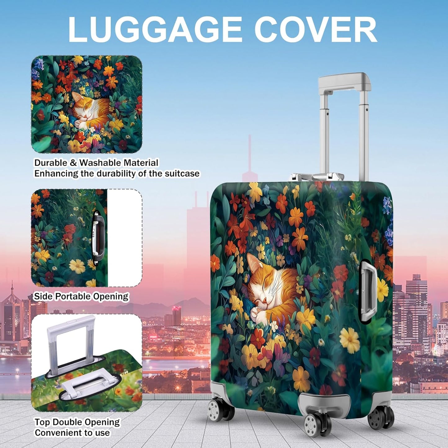 ANNA QUEEN Dreamy Cat Luggage Cover, Cat Sleeping in a Flower Field Design, Stretchable, Washable Travel Protector for 24-26 Inch Luggage
