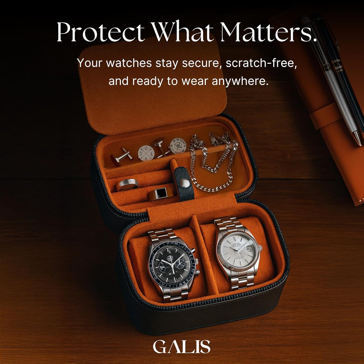 Galis Luxury Watch Case for Men High End Portable 2-Slot Watch Holder and Watch Case for Travel, Premium Watch Box for Men, Jewelry Storage Organizer, Gift for Him, Fathers, Husband (Black & Orange)