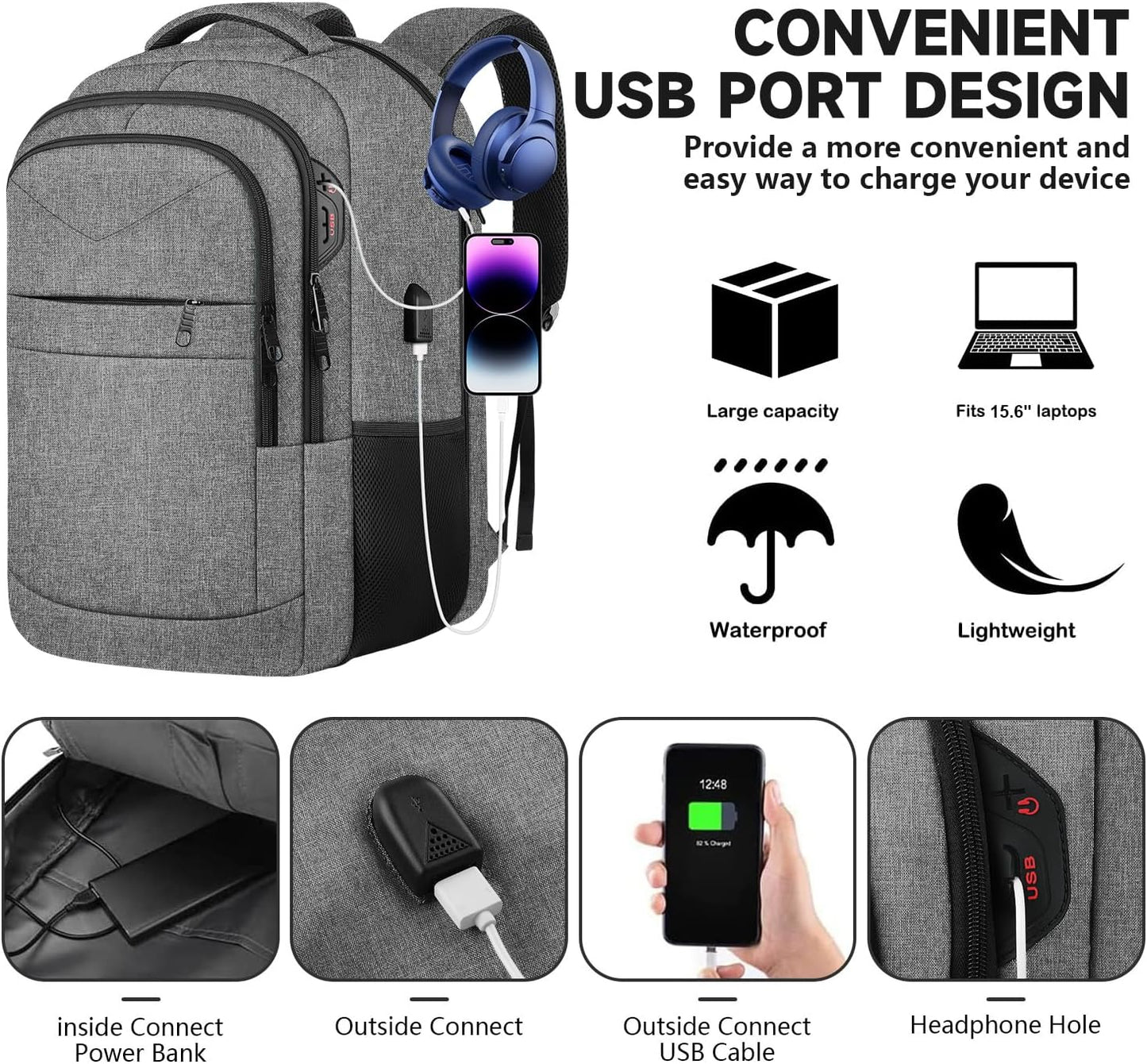 Lapsouno Business Laptop Backpack, Travel Backpack, 15.6 Inch Carry on Backpack, Anti-Theft College School Computer Backpack with USB Port, Gift for Men Women, Grey