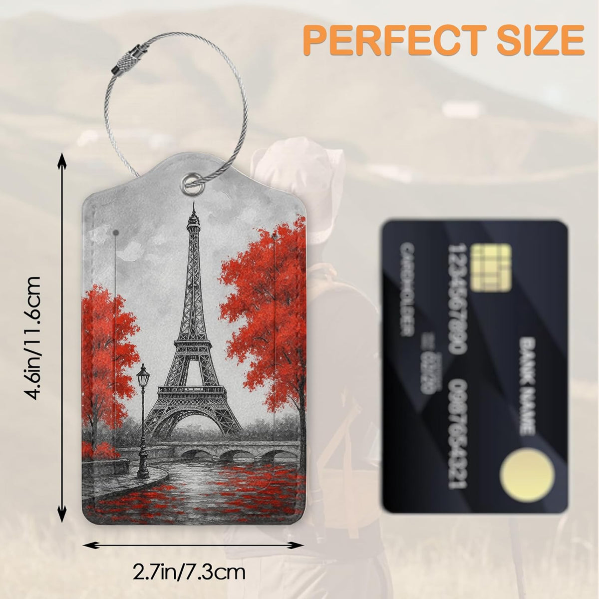 Eiffel Tower Paris 3 PCS PU Leather Luggage Tags for Suitcase, Luggage Tag with Privacy Flap, Name ID Label and Metal Loop for Women Men Baggage Handbag School Bag Backpack