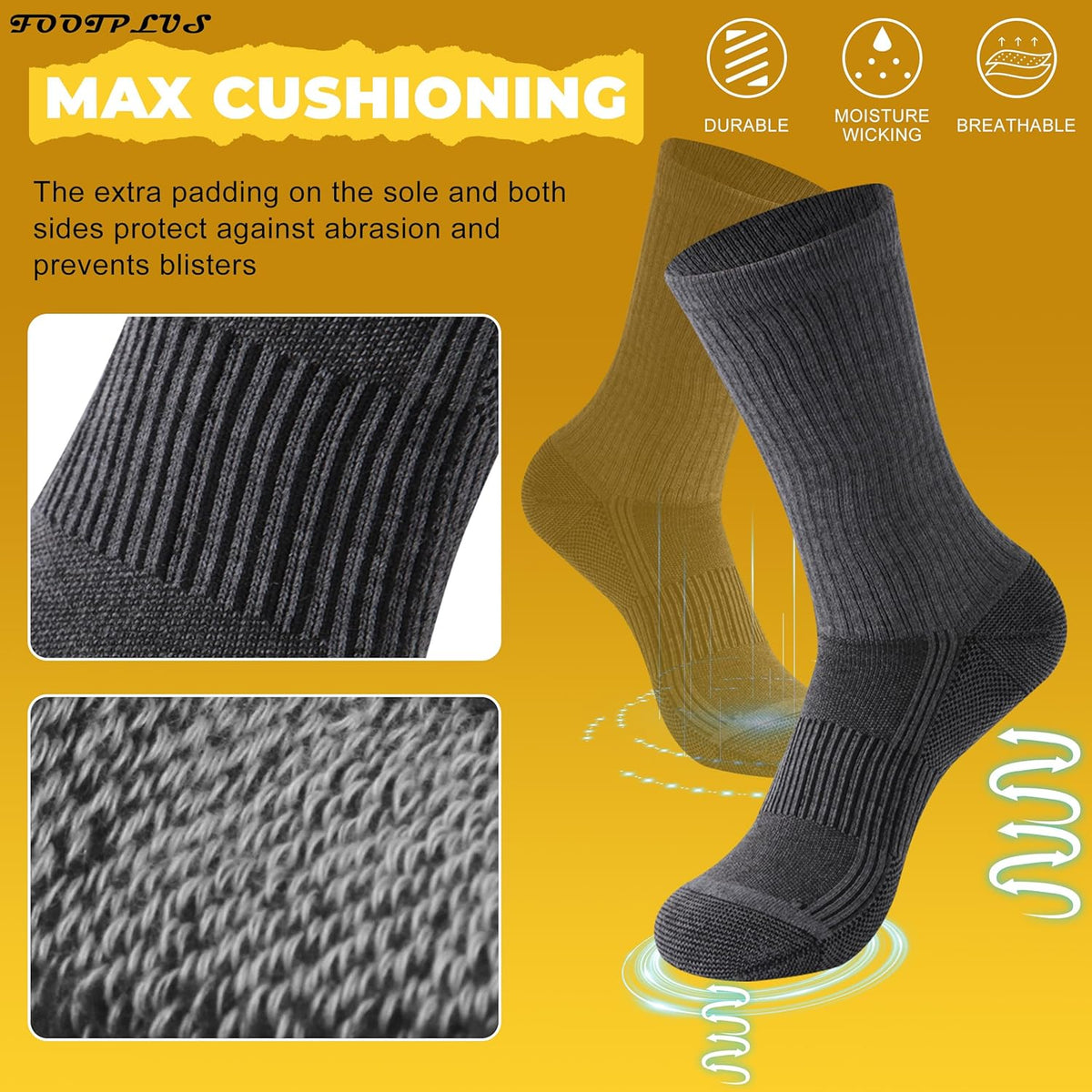 FOOTPLUS Hiking Copper Compression Socks,Unisex Cushioned Sole Arch Support Athletic Crew Running Socks