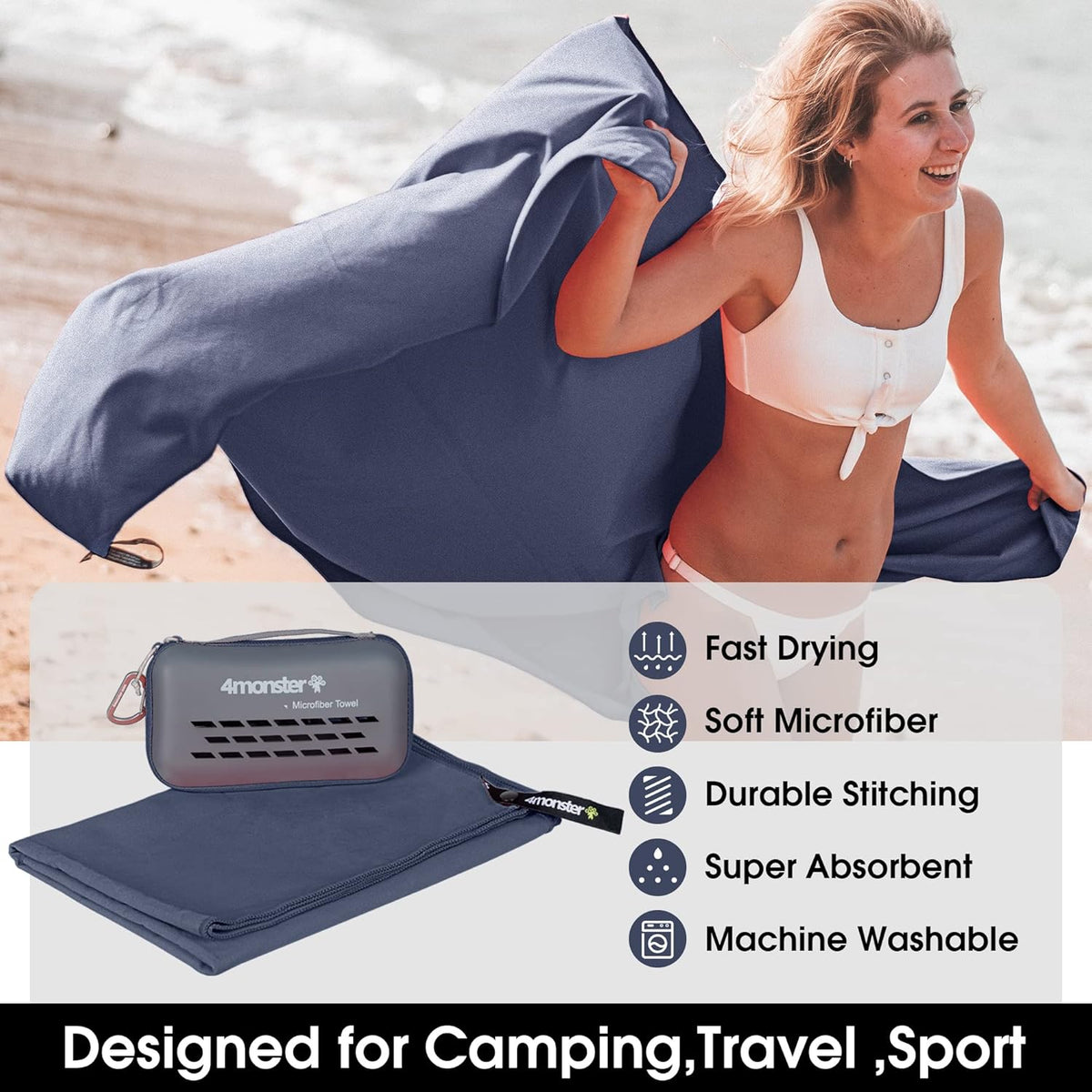 4Monster Camping Towels Super Absorbent, Fast Drying Microfiber Travel Towel, Quick Dry Ultra Soft Compact Gym Towel for Swimming Beach Hiking Yoga Travel Sports Backpack (71.00" x 35.00", Navy Blue)