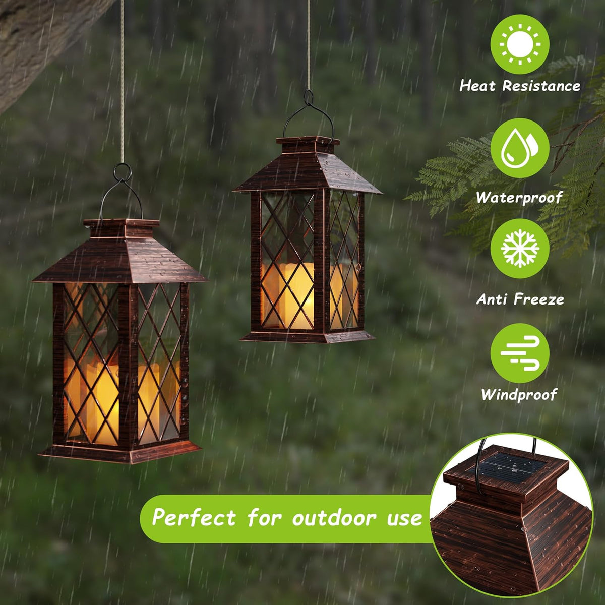 Outdoor Solar Lanterns, Waterproof Hanging Lantern with LED Flickering Flameless Candle, 13'' Bronze Outdoor Solar Powered Lantern Decor for Porch Patio Garden Balcony Pathway, 2 Pack