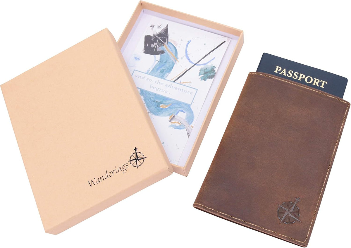 WANDERINGS Leather Travel Wallet with Passport Holder - 5.5" x 4" - Genuine Leather Case with RFID Blocking for Men and Women - Folding Wallet for Passports