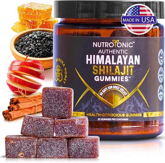 NutroTonic® Organic SHILAJIT Gummies | Apple Cinnamon Flavor | No Added Sugar, Sweetened by Manuka Honey | Clean Formula | Natual Source of Urolithin | Heart, Brain, Cellular Health | 30 Gummies