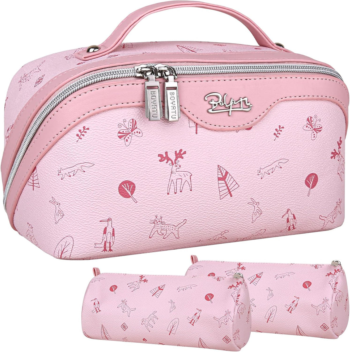 BOYATU Travel Makeup Bag Cosmetic Bags for Women: 3 Pcs Set Portable Make up Bag with Handle - Vegan Leather Toiletry Bags with Compartments - Makeup Organizer for Travel Essentials(04-Pink)
