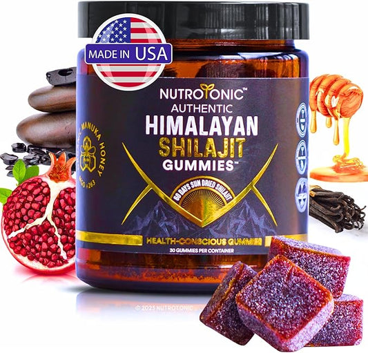 NutroTonic® Organic Himalayan Shilajit Gummies – Pomegranate & Vanilla Flavored – Wild Crafted Manuka Honey MGO +263 – Cellular Energy & Hormonal Balance – Made in USA – 30 Healthy Gummies