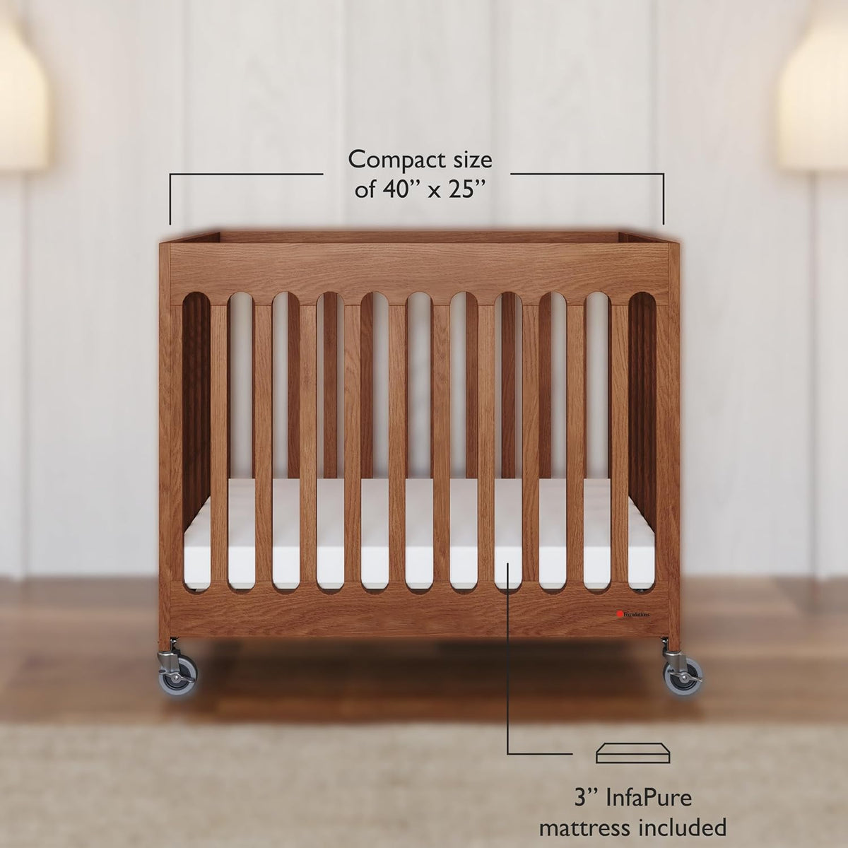 Foundations Boutique Folding Hotel Crib and Sheet Bundle - Includes Wooden Mini Crib with 3" Foam Mattress (Cherry) and 6-Pack White Fitted Compact Sheets