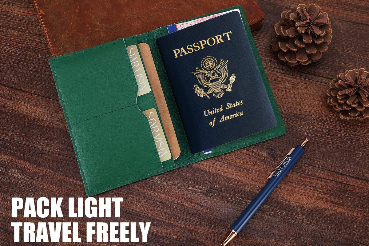 STAR VISTA Albatross Leather Travel Passport Holder, Minimalist Design, Calfskin Leather Case for Women and Men - Slim Passport Wallet, Bifold, RFID Blocking, Green