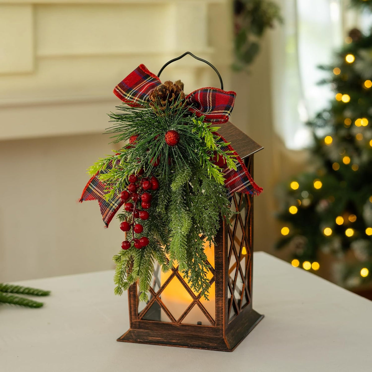 Christmas Solar Lanterns Outdoor, Waterproof Garden Hanging Lanterns, 13" Outdoor Christmas Decorative Lantern with LED Flickering Flameless Candles, Solar Lantern for Porch Yard Patio Decor