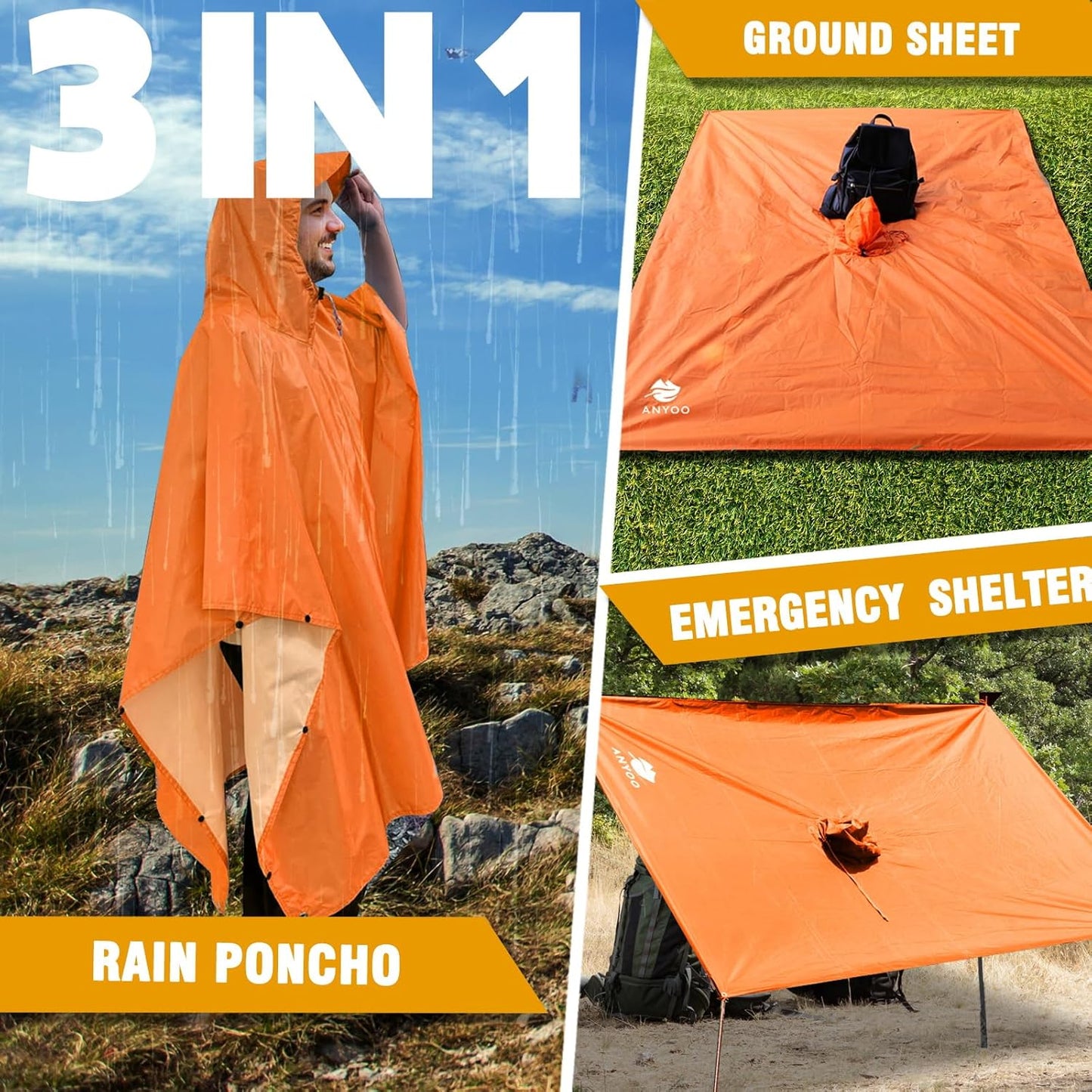 ANYOO Hooded Rain Poncho for Adults Waterproof Lightweight Rain Coat for Men Women Reusable Rain Jacket for Emergency Outdoor