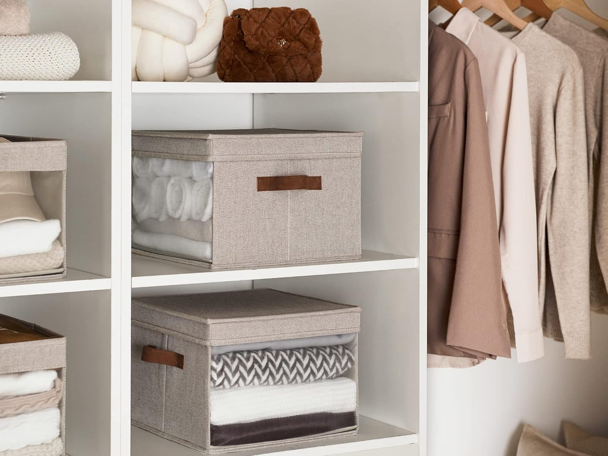 StorageWorks Storage Bins with Lid and Clear Window, Fabric Storage Boxes with Lids, Stackable Basket for Shelves, Closet Organizer and Storage Bins, Brown and Beige, Large, 4-Pack
