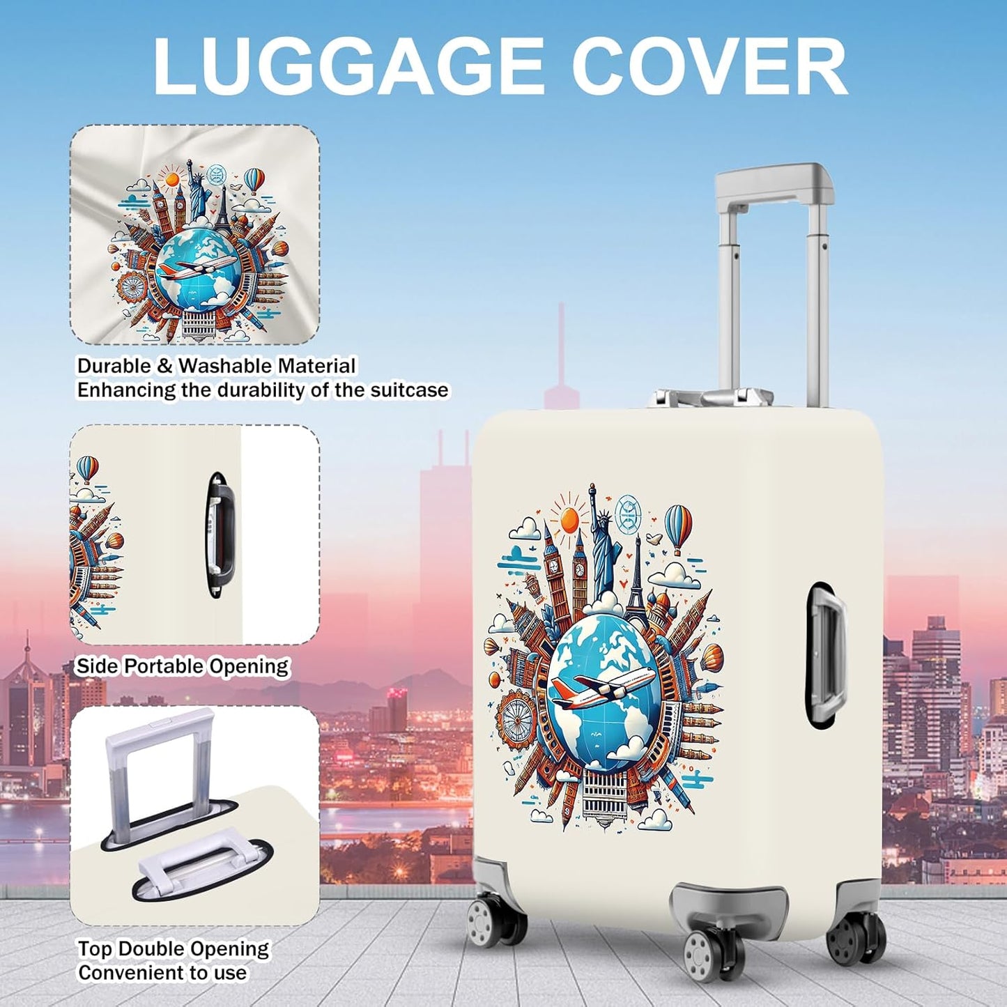 ANNA QUEEN Travel Around the World Luggage Cover, Colorful Landmark Suitcase Protector with Airplane & Globe Design, Stretchable, Washable Travel Sleeve for 32-34 Inch Luggage