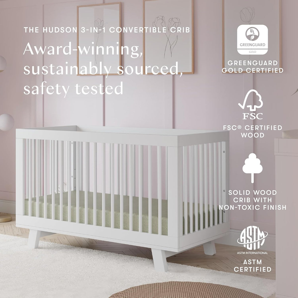 Babyletto Hudson 3-in-1 Convertible Baby Crib with Toddler Bed & Daybed Conversion - Easy to Assemble - GREENGUARD Gold Certified w/ 4 Adjustable Mattress Heights - White
