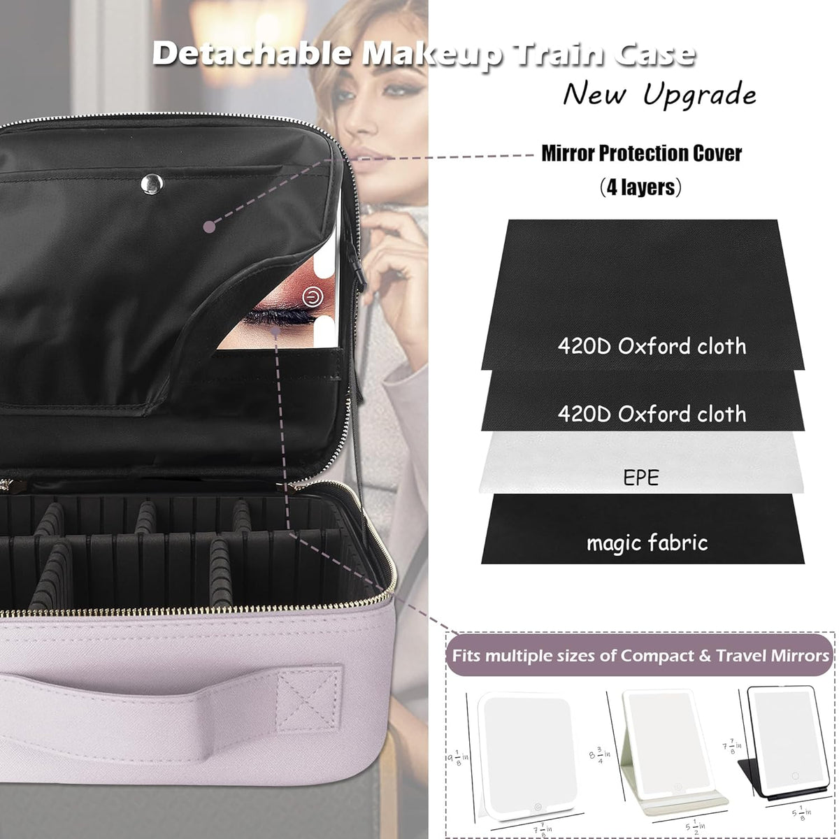 MOMIRA Travel Makeup Bag Cosmetic Bag Makeup Organizer Bag with Lighted Mirror, Adjustable Brightness in 3 Color Scenarios, Waterproof Makeup Train Case, Gift for Women - Violet grey
