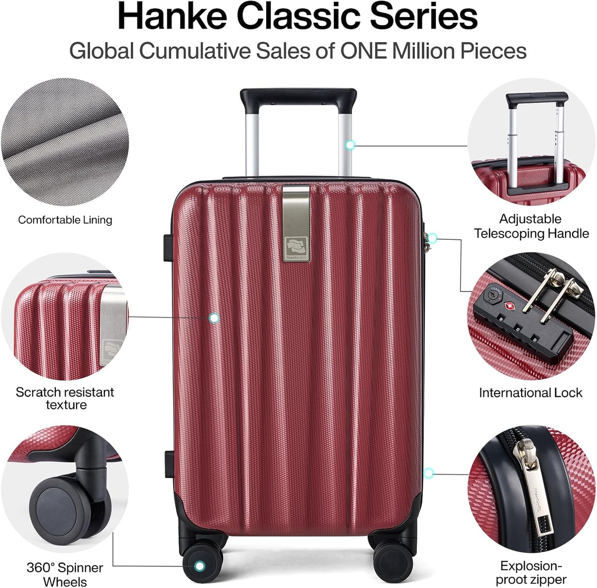 Hanke Luggage Sets 3 piece Carry On Luggage with Wheels PC Hard Shell Suitcases Lightweight Checked Tsa Luggage Extra Large Travel Suitcase Woman Men 20/24/29 Inch（Burgundy）