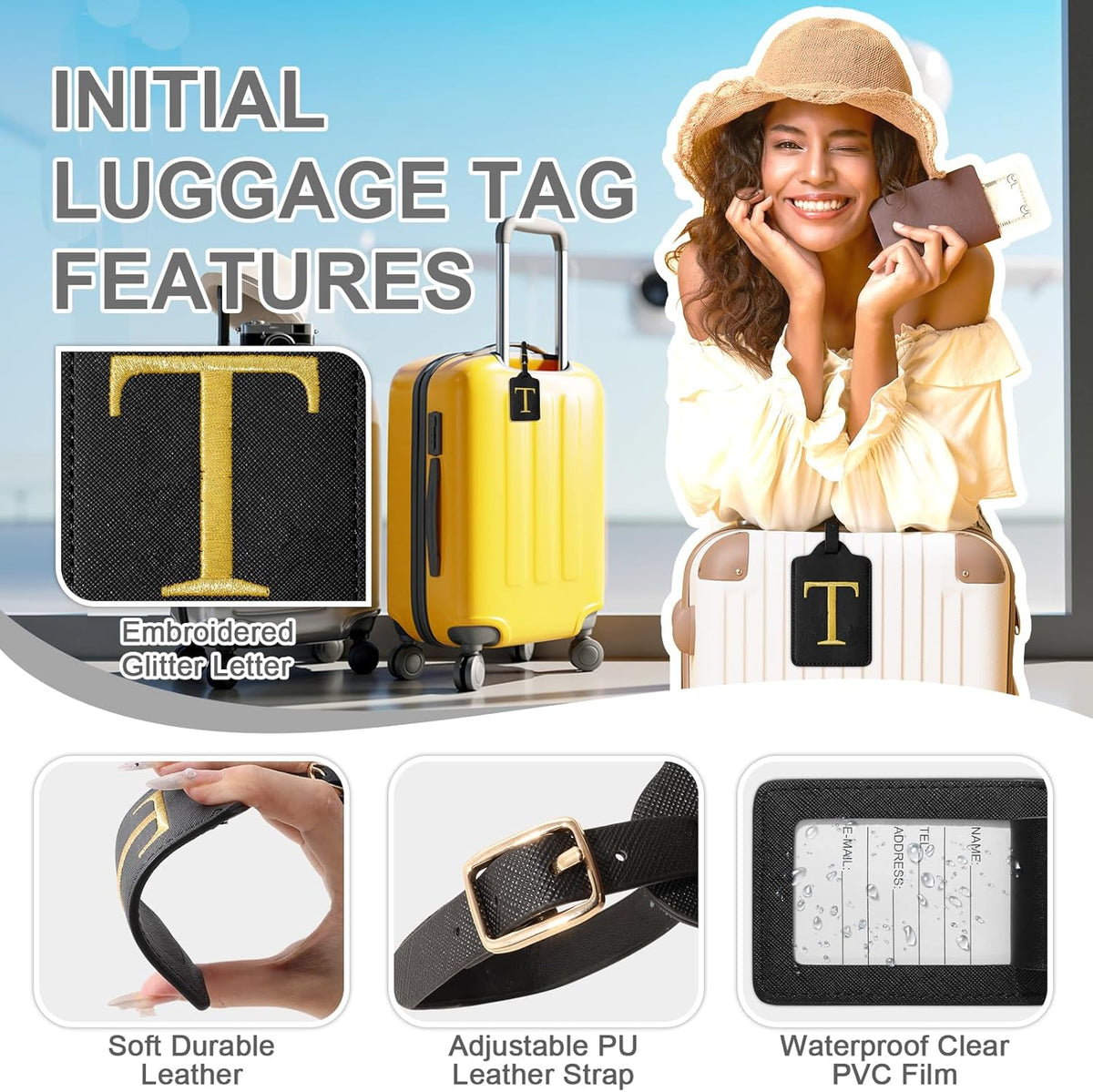 Personalized Initial Luggage Tags for Suitcase TSA Approved, Black Leather Cute Luggage Tag with Privacy Cover Name Card, Embroidered Custom Luggage Tags Travel Backpack Tags Gifts for Women Kids(T)