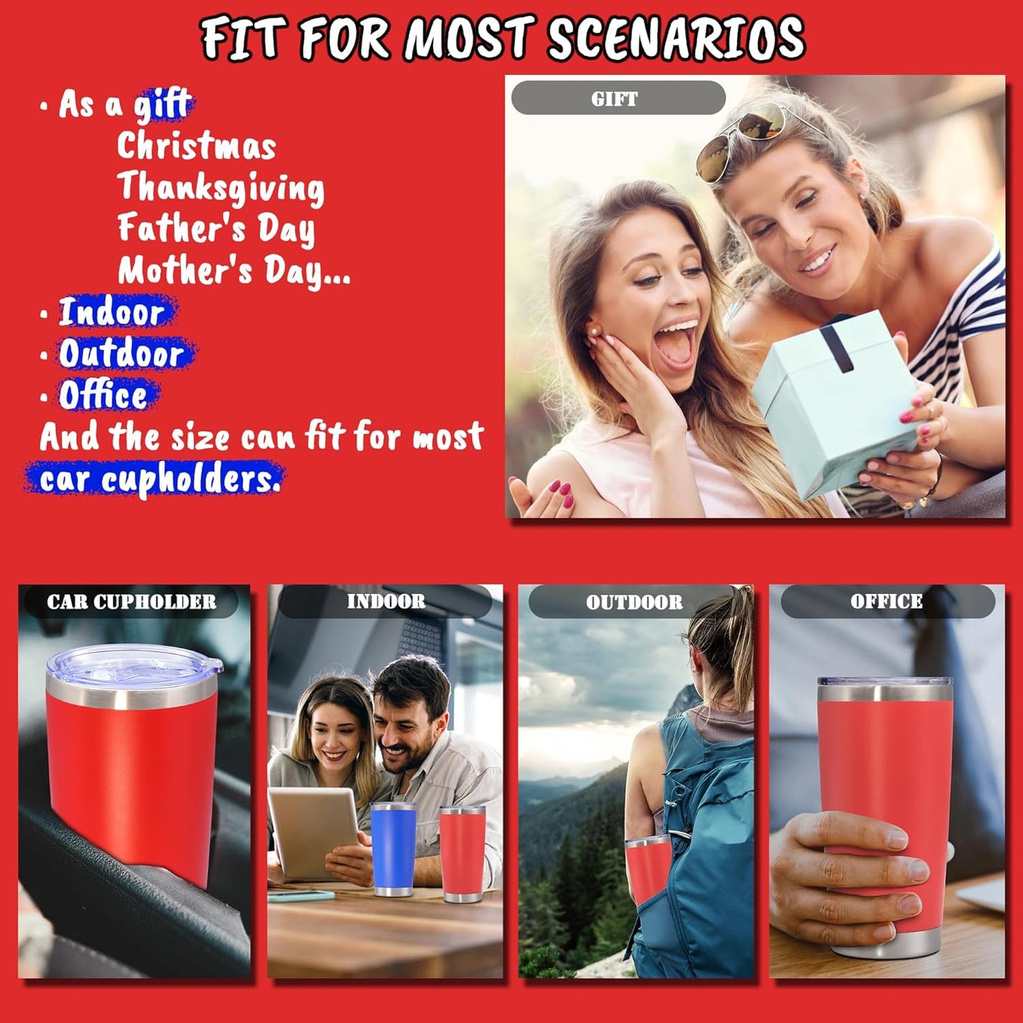 20 oz Tumbler with lid Double Wall Vacuum Insulated Tumblers Stainless Steel Coffee Mug Travel Coffee Tumbler Powder Coated Tumbler Cup Keep Hot&Cold - (Red 6 Pack)