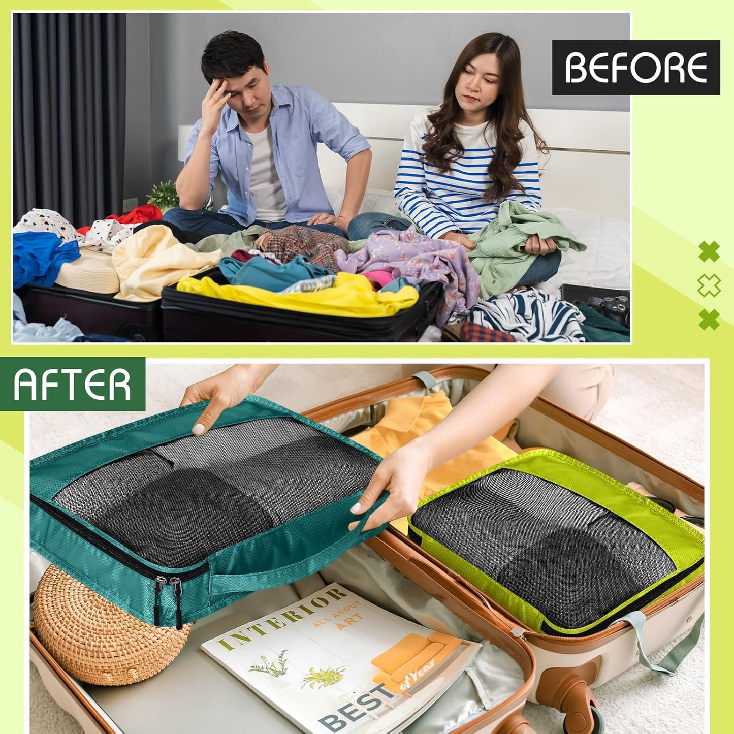 5 Pcs Packing Cubes for Suitcase Large Travel Cubes Carry on Luggage Organizer Bags for Clothes Accessories(Mixed,Green)