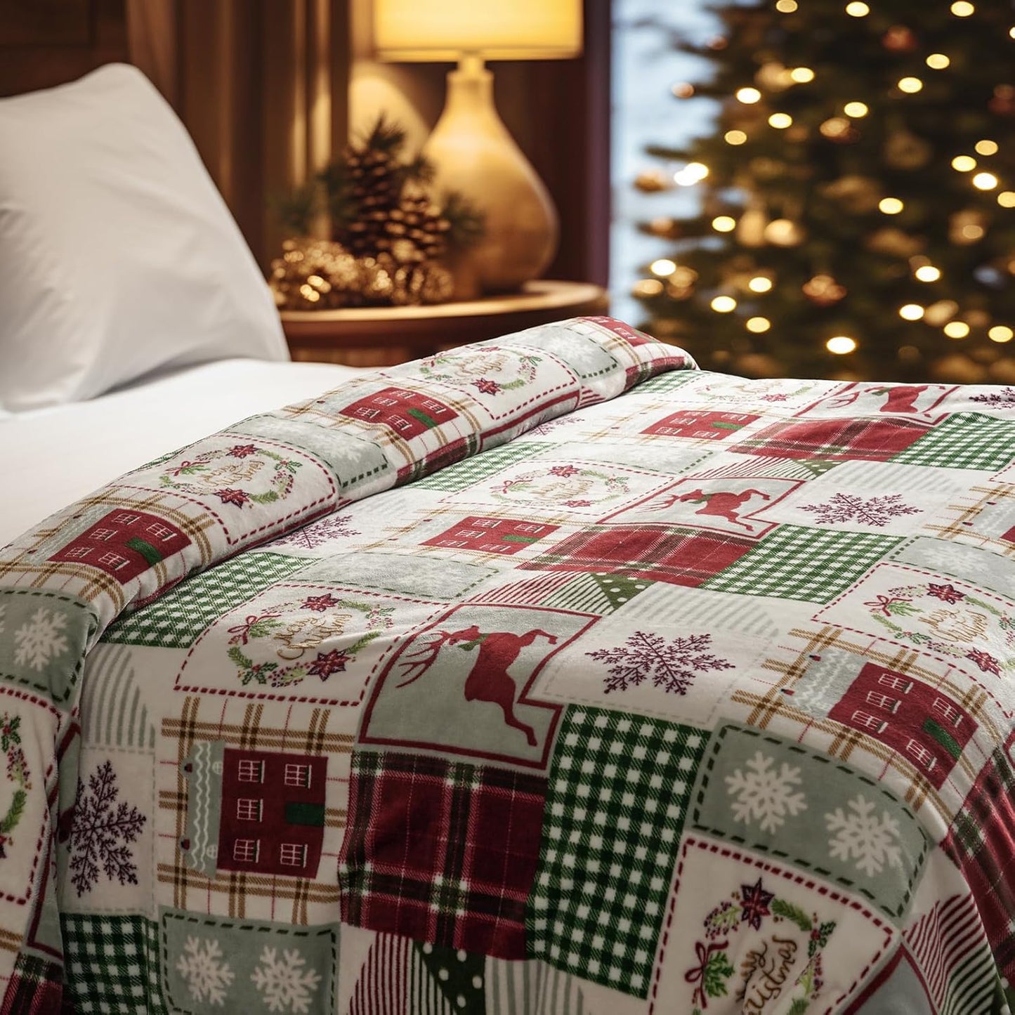 PHF Printed Fleece Blanket Queen Size, No Shed No Pilling Ultra Soft Plush Cozy Xmas Prints Theme Home Décor Flannel Blanket for Bed, Sofa, Couch and Gift, 90" x 90", Rindeer