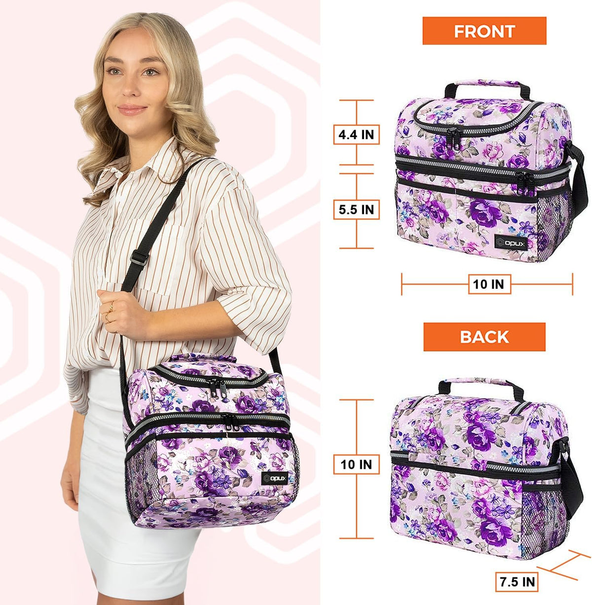 Opux Lunch Box For Women - Large Dual Compartment Insulated Lunch Bag, 10x7.5x10 Inches, Floral Purple
