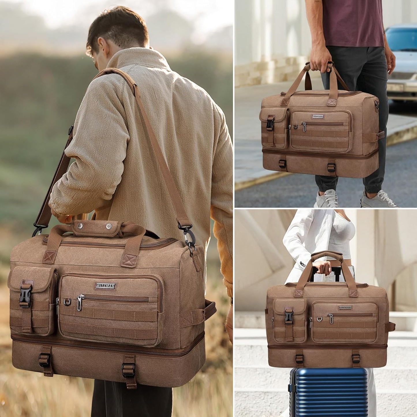 WITZMAN Duffle Bag for Men 50L Canvas Weekender Overnight Bag with Toiletry Bag Sets Travel Duffel Bag Shoes Compartment（A8010-2 Brown）