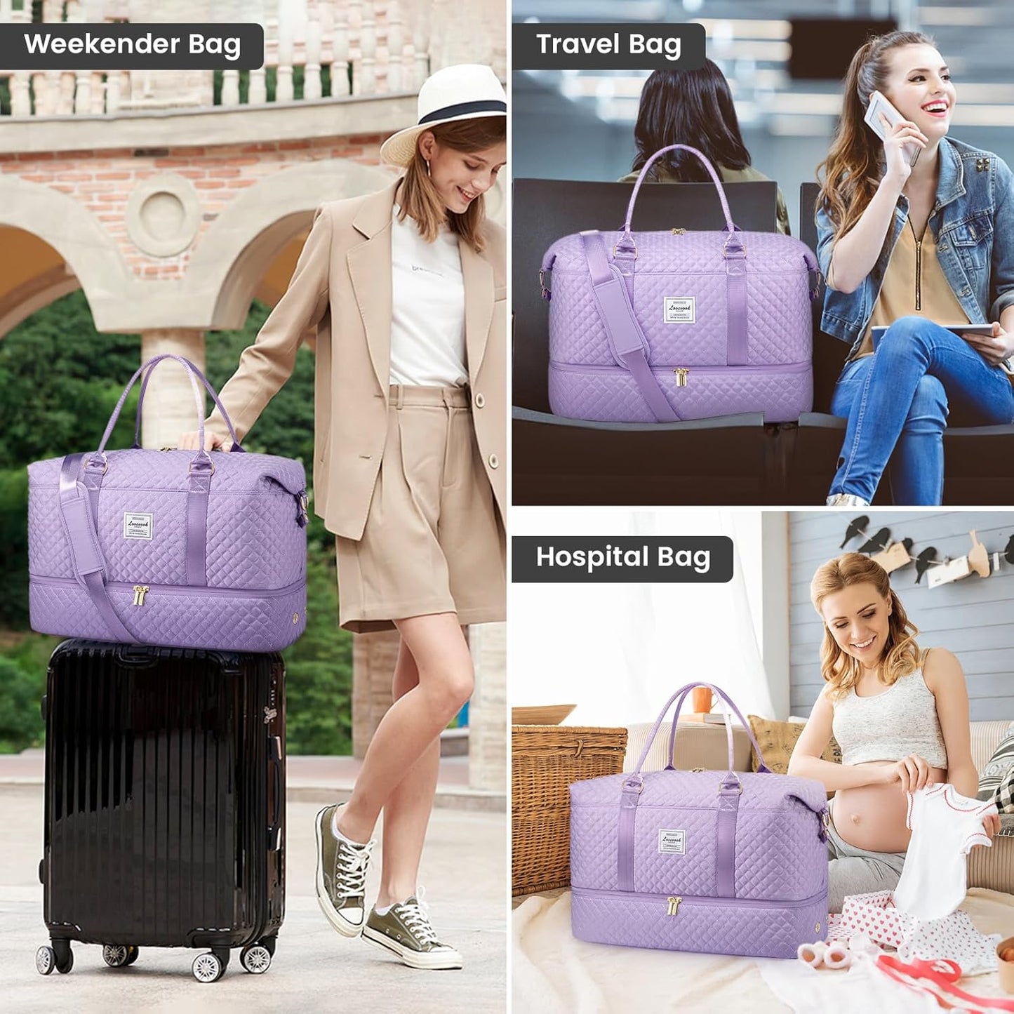 LOVEVOOK Travel Duffle Bag,Weekender Bags for Women with Shoe Compartment，Carry on Overnight Bag with Toiletry Bag,Gym Duffel Bag with Wet Pocket, Hospital Bags for Labor and Delivery