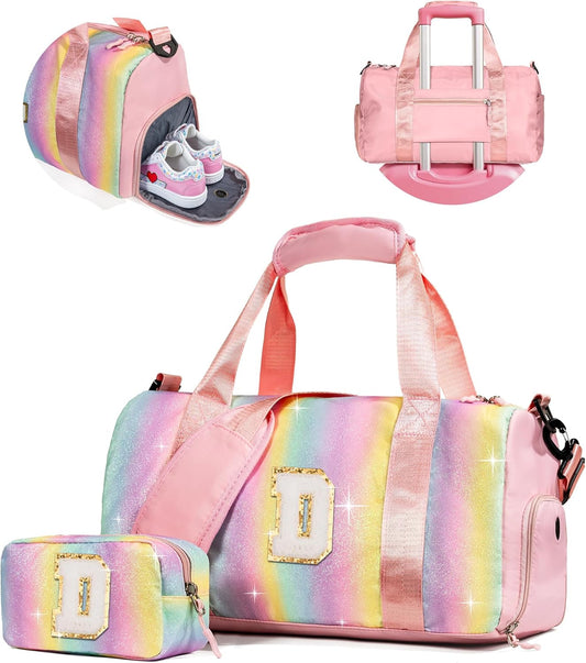 Cute Preppy Gifts for Girls-Girl Gym Bag with Shoe Compartment, Kid Personalized Weekender Overnight Bags, Initial Travel Tote with Makeup Pouch, Chenille Gift for Teen (Letter D)