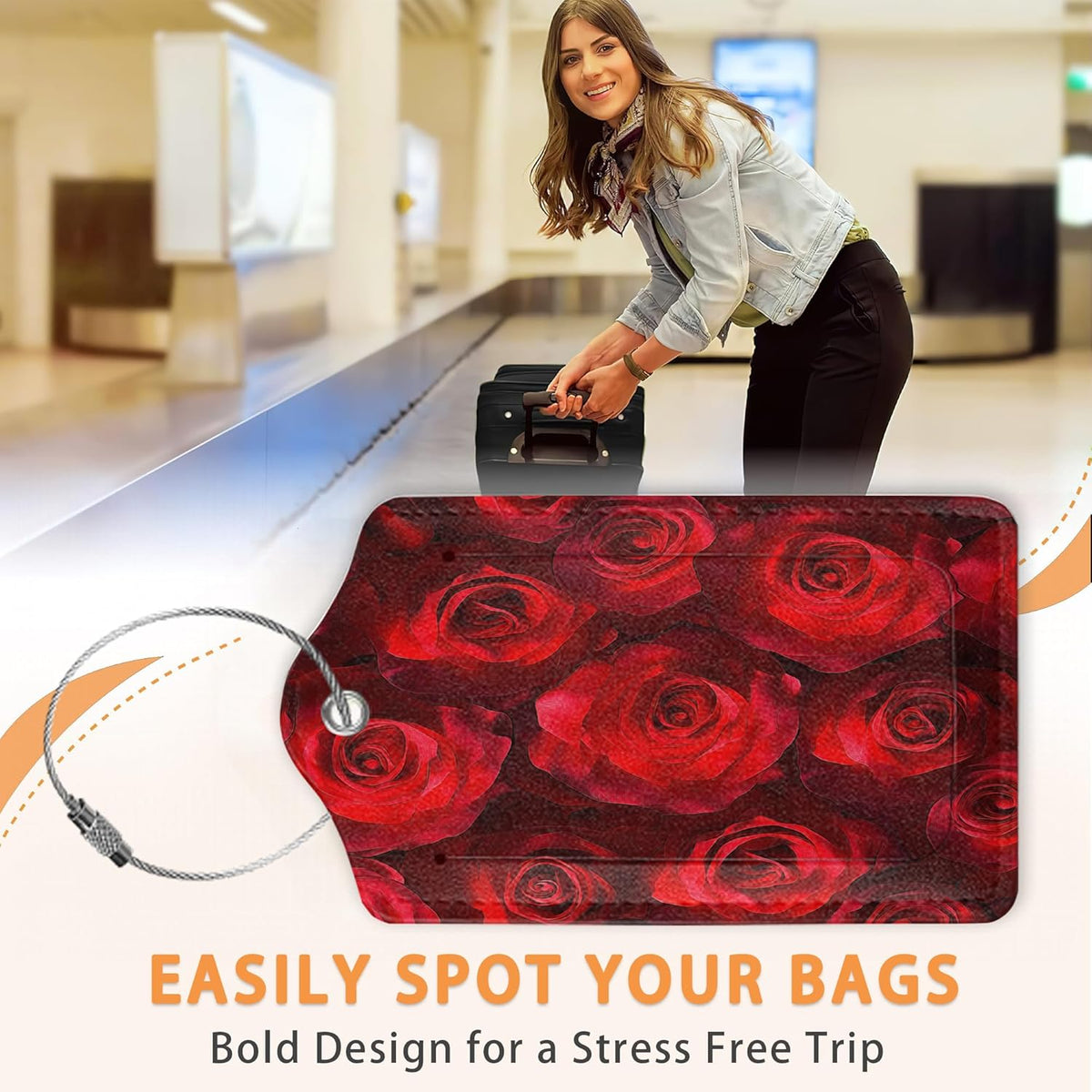 Romantic Elegant Red Roses PU Leather Luggage Tags for Suitcase, Travel Cruise 3 Pack with Privacy Flap, Name ID Label and Metal Loop for Women Men Girls Baggage Bag Backpack
