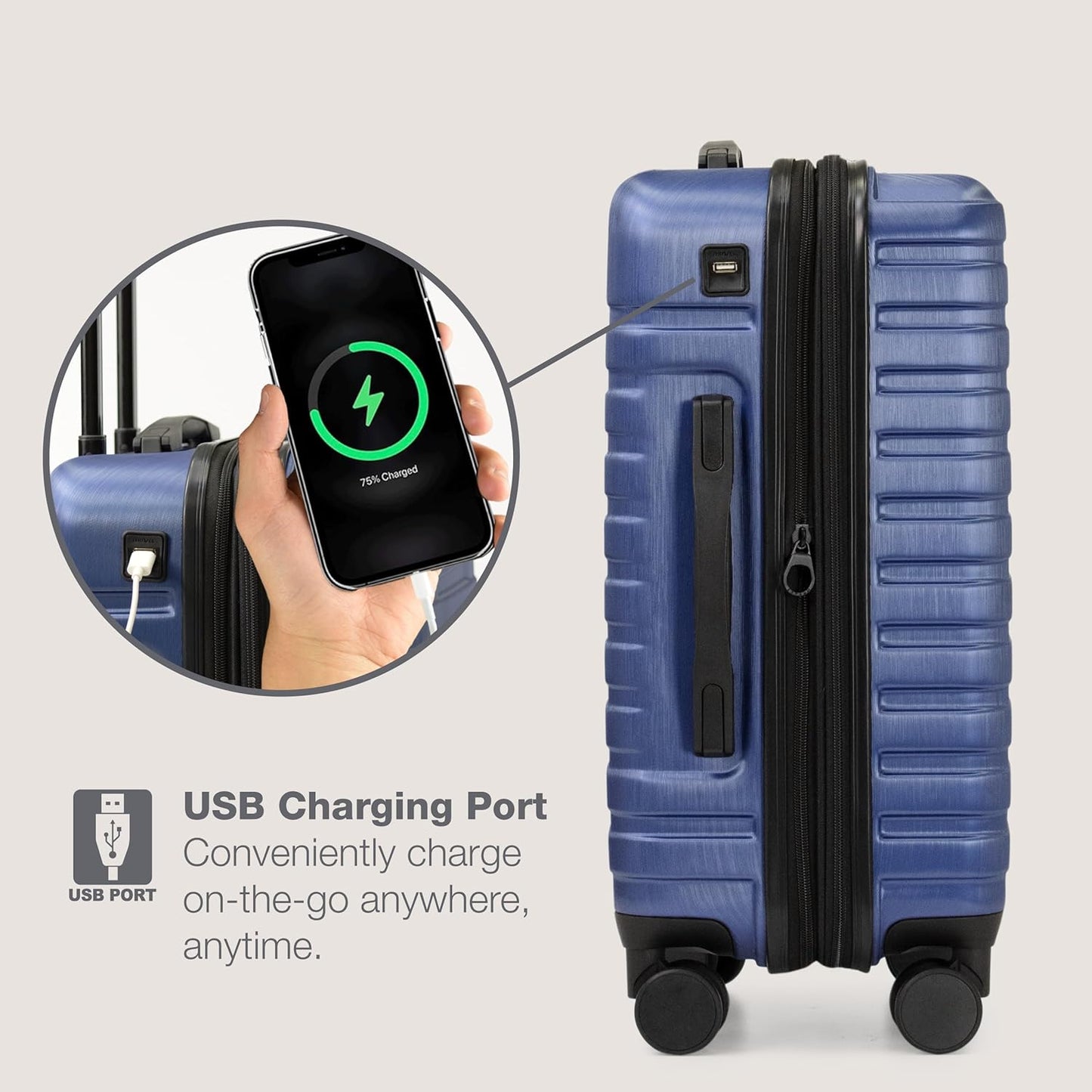U.S. Traveler Boren Polycarbonate Hardside Rugged Travel Suitcase Luggage with 8 Spinner Wheels, Aluminum Handle, Navy, 3-Piece Set, USB Port in Carry-On