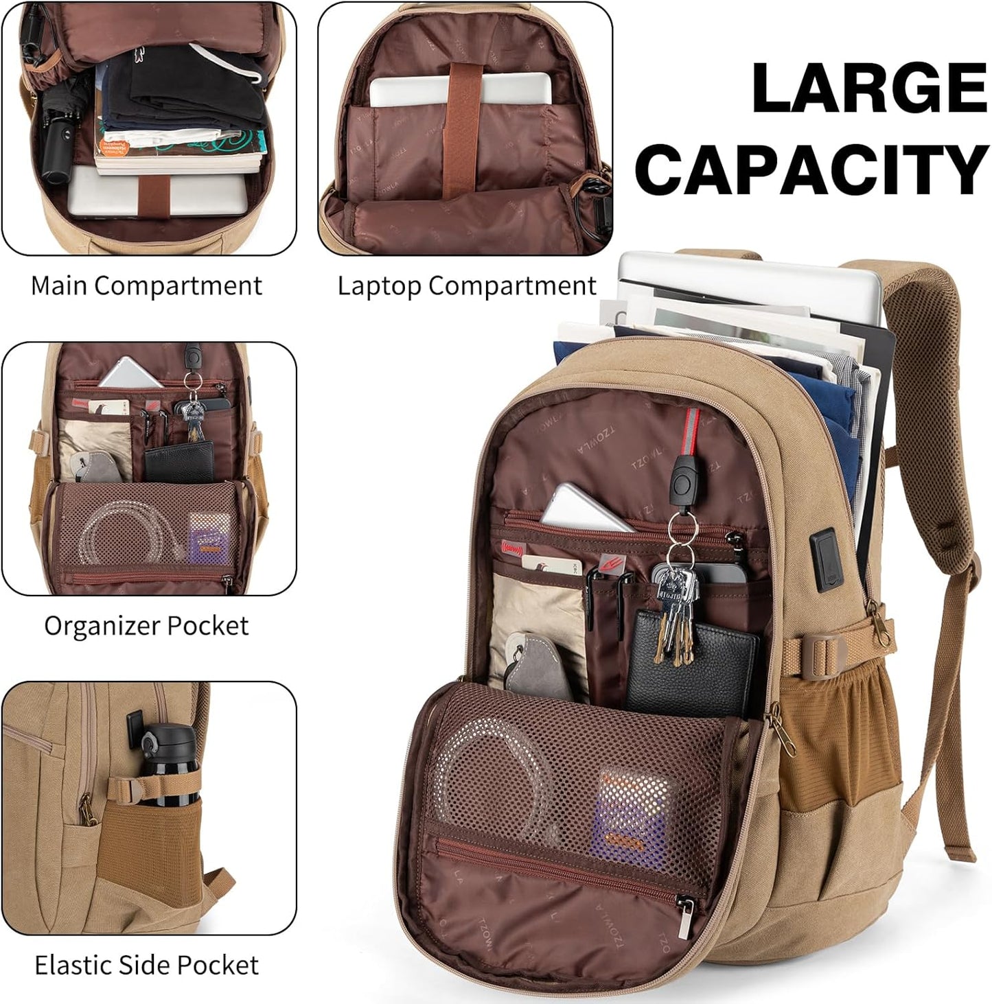 Tzowla Vintage Canvas Laptop Backpack for Men and Women,College Travel Work Rucksack with USB/Type-C Charging Port,Lightweight Bookbag Hiking Casual Daypack Backpacks Fit 15.6 Inch Notebook(Khaki)