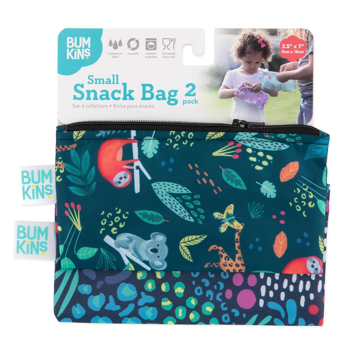 Bumkins Reusable Snack Bags, for Kids School Lunch and for Adults Portion, Washable Fabric, Waterproof Cloth Zip Bag, Supplies Travel Pouch, Food-Safe, 2-pk Jungle and Animal