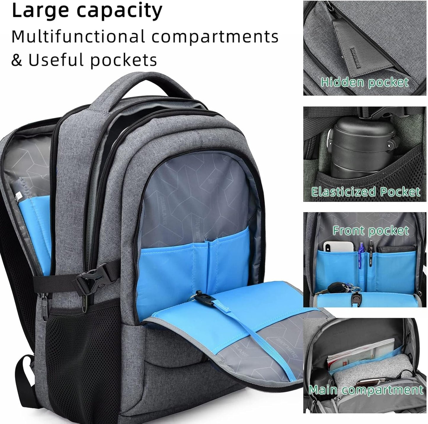 DUSLANG 17 Inch Travel Laptop Backpack Water Resistant College Backpack for Men/Women Laptop Bag with USB Charging Port, Light Grey and Black